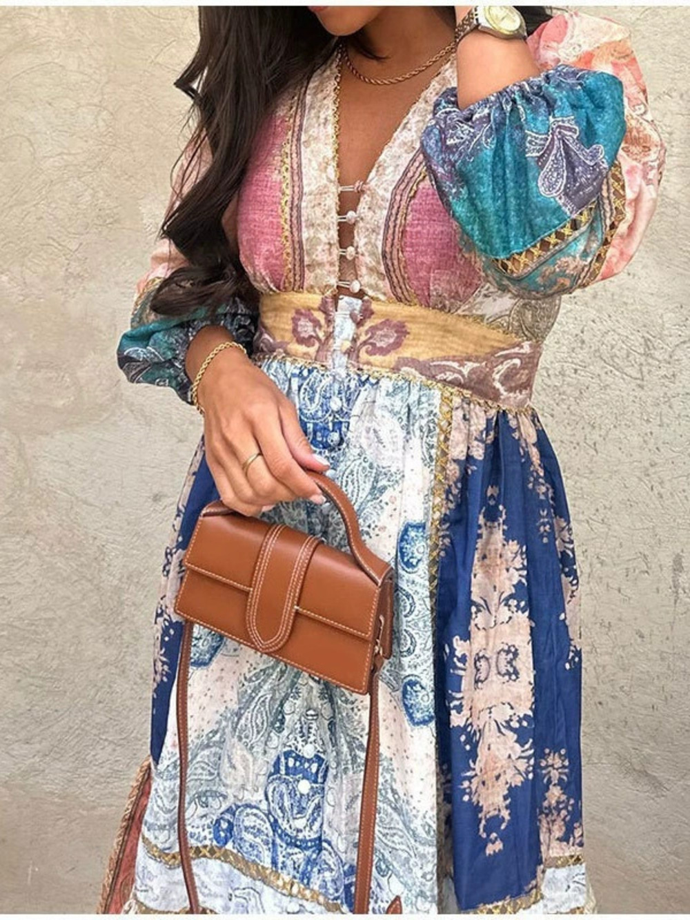 ZARA Retro Puff Sleeve Printed Ethnic Style Women Maxi Dress